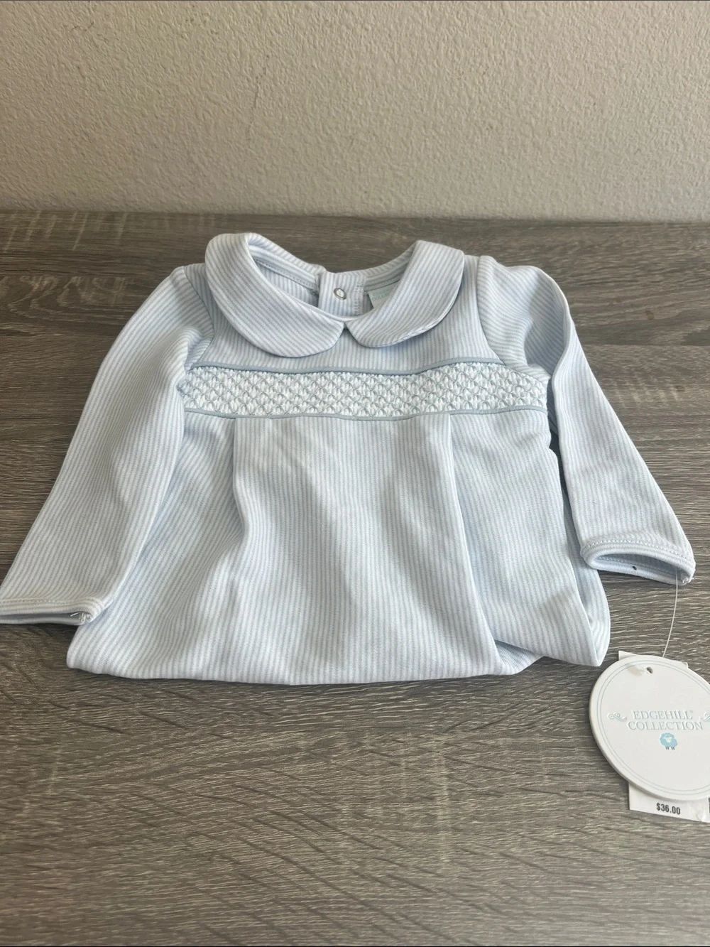 Edgehill Collection Baby Boy 6M Smocked Blue Stripe Peter Pan pajamas NWT
